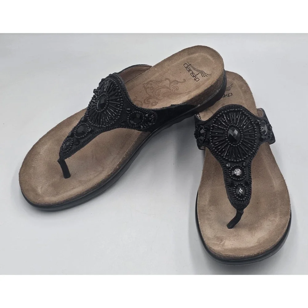 Dansko Black Beaded Leather Thong Sandals